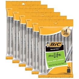 BIC® Round Stic® Xtra Life Ballpoint Pen, Medium Point (1.0mm), Black, 10 Per Pack, 6 Packs