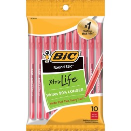 BIC® Round Stic® Xtra Life Ballpoint Pen, Medium Point (1.0mm), Red, Pack of 10