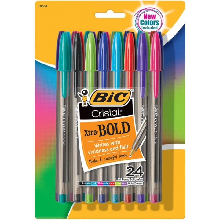 BIC® Cristal® Xtra Bold Fashion Ballpoint Pen, Medium Point (1.6mm), Assorted Colors, 24-Count