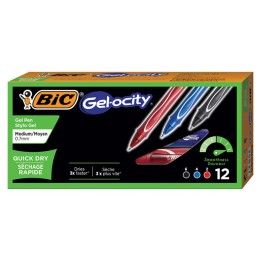 BIC® Gel-ocity® Quick Dry Retractable Gel Pens, Assorted Black, Blue and Red, Pack of 12