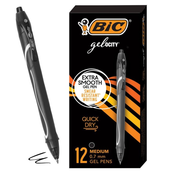BIC® Gel-ocity® Quick Dry Retractable Gel Pens, Black, Pack of 12