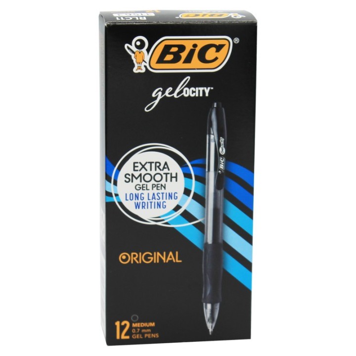 BIC® Gelocity® Original Gel Retractable Roller Ball Pen, 0.7 mm, Black, Pack of 12