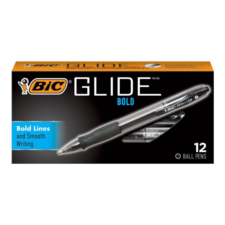 BIC® Glide™ Bold Retractable Ball Point Pen, Bold Point (1.6mm), Black, 12-Count