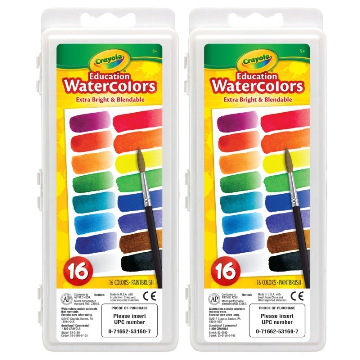 Crayola® Education Oval Pans Watercolors Set, 16 Colors, Pack of 2