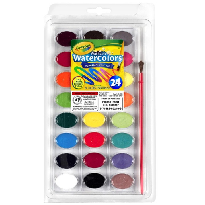Crayola® Washable Watercolor Pans with Plastic Handled Brush, 24 Colors