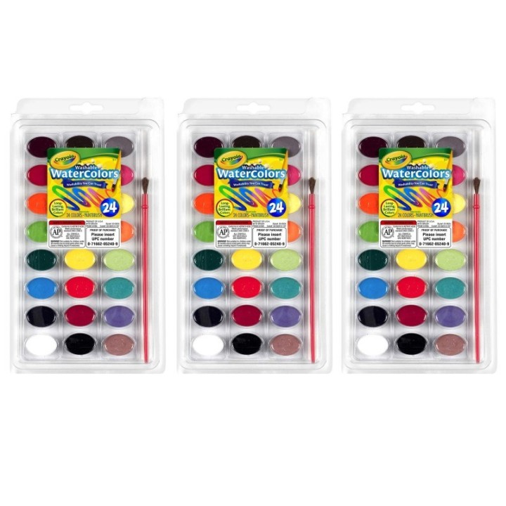 Crayola® Washable Watercolor Pans with Plastic Handled Brush, 24 Colors, 3 Sets