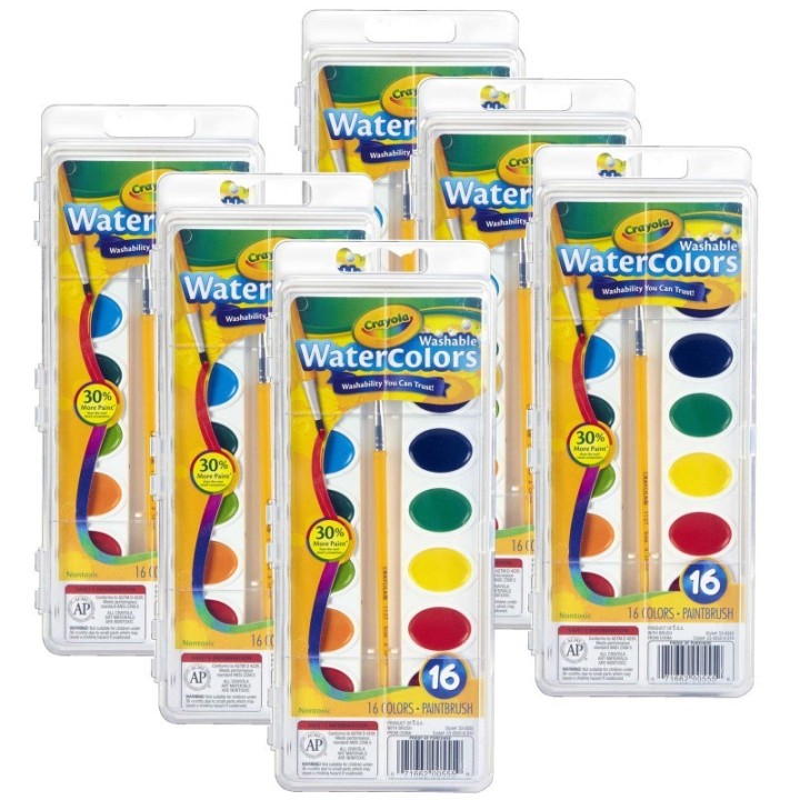 Crayola® Washable Watercolors, 16 Semi-Moist Oval Pans & Brush, 6 Sets