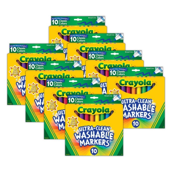 Crayola® Ultra-Clean Markers, Broad Line, Classic Colors, 10 Per Pack, 8 Packs