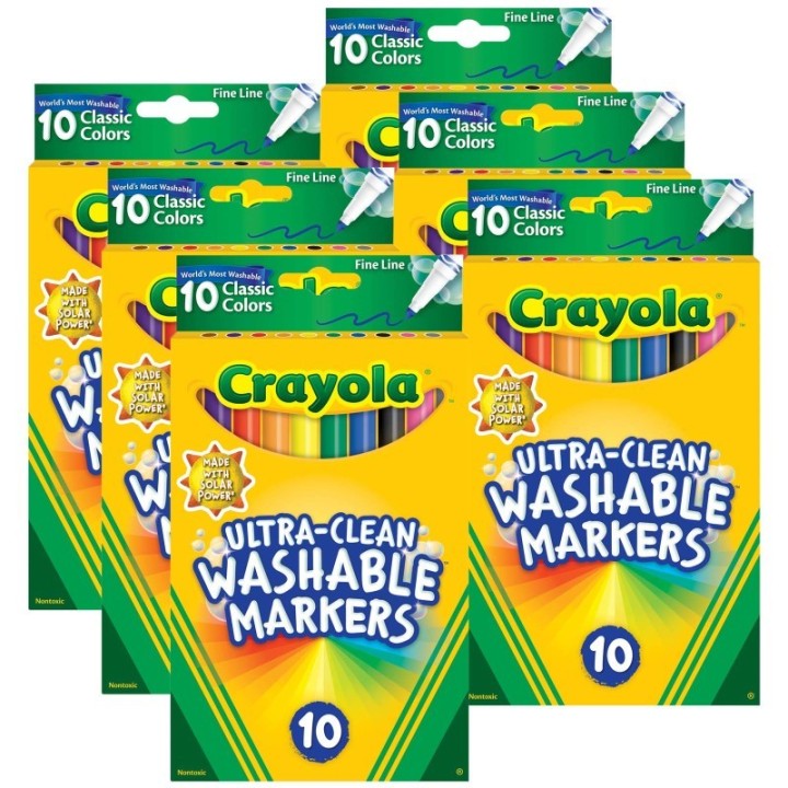 Crayola® Ultra-Clean Markers, Fine Line, Classic Colors, 10 Per Pack, 6 Packs