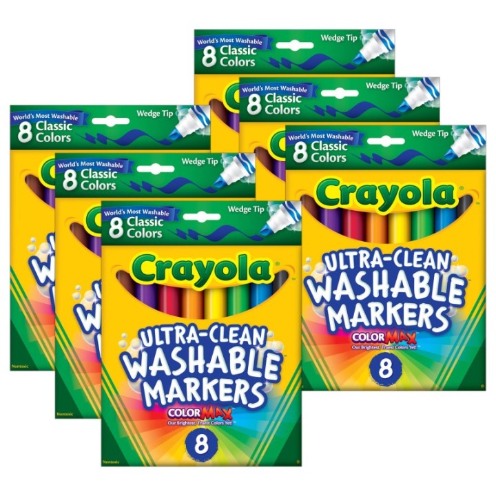Crayola® Ultra-Clean Washable Markers, Wedge Tip, 8 Per Box, 6 Boxes