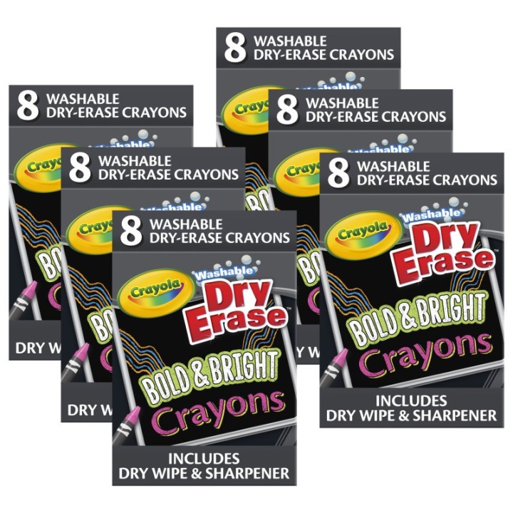 Crayola® Dry Erase Washable Crayons, Bright Colors, 8 Per Pack, 6 Packs