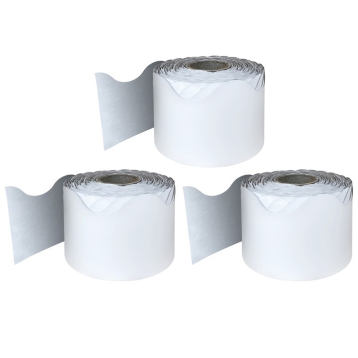 Carson Dellosa Education White Rolled Scalloped Border, 2-1/4 Inch x 65 Feet Per Roll, Pack of 3