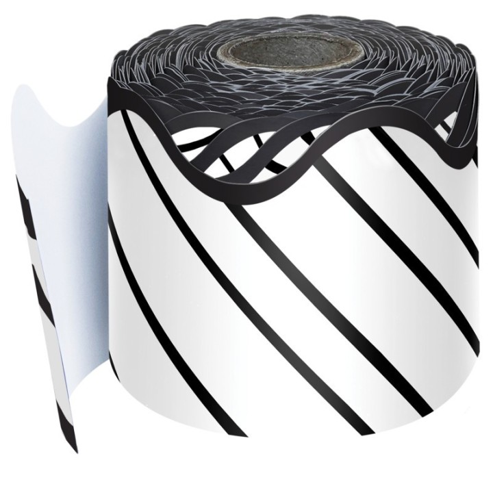 Carson Dellosa Education Kind Vibes Black & White Stripes Rolled Scalloped Border, 65 Feet