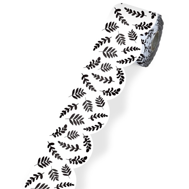Carson Dellosa Education White with Black Leaves Rolled Scalloped Borders, 65 Feet