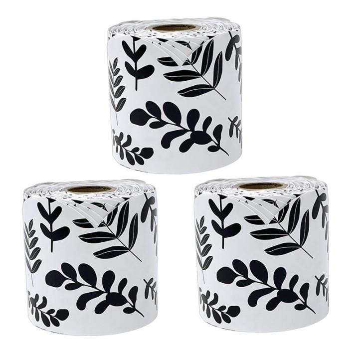 Carson Dellosa Education White with Black Leaves Rolled Scalloped Borders, 65 Feet Per Roll, Pack of 3