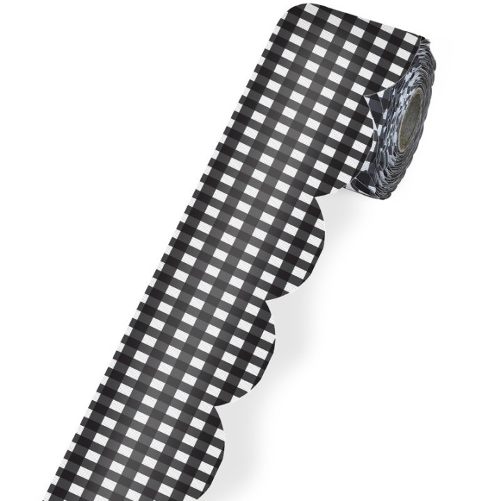 Carson Dellosa Education Black Gingham Rolled Scalloped Borders, 65 Feet