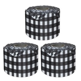 Carson Dellosa Education Black Gingham Rolled Scalloped Borders, 65 Feet Per Roll, Pack of 3