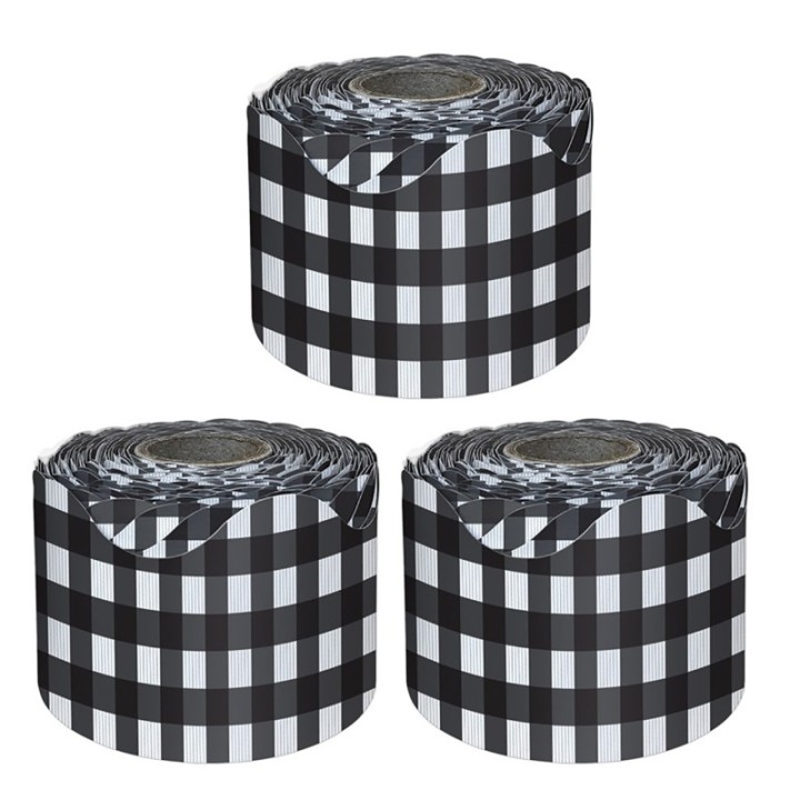 Carson Dellosa Education Black Gingham Rolled Scalloped Borders, 65 Feet Per Roll, Pack of 3