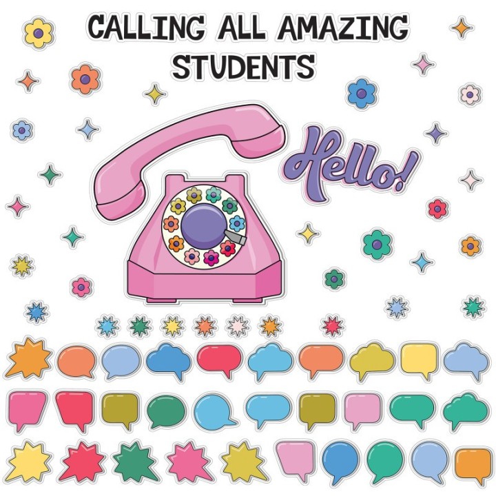 Carson Dellosa Education Happily Ever Elementary Retro Remix Hello! Calling All Amazing Students Bulletin Board Set, 71 Pieces