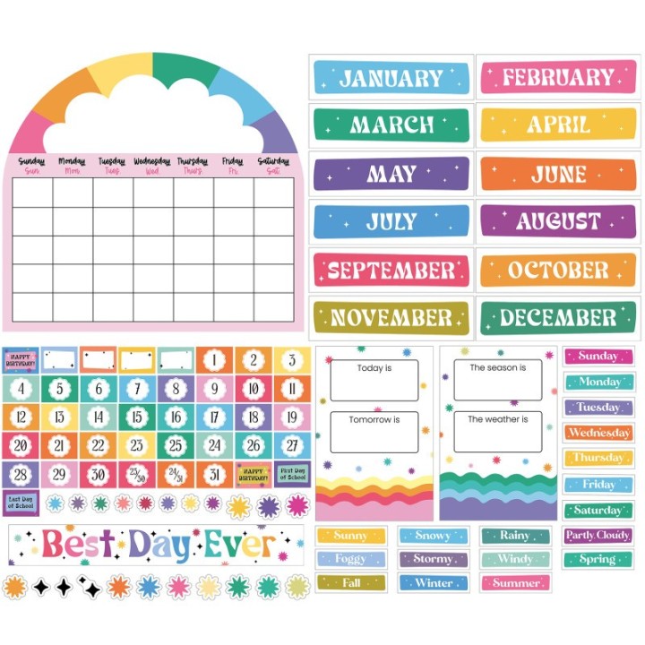 Carson Dellosa Education Happily Ever Elementary Retro Remix Calendar Bulletin Board Set, 107 Pieces