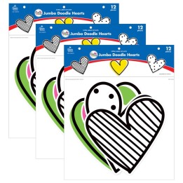 Carson Dellosa Education Kind Vibes Jumbo Doodle Hearts Cut-Outs, 12 Per Pack, 3 Packs