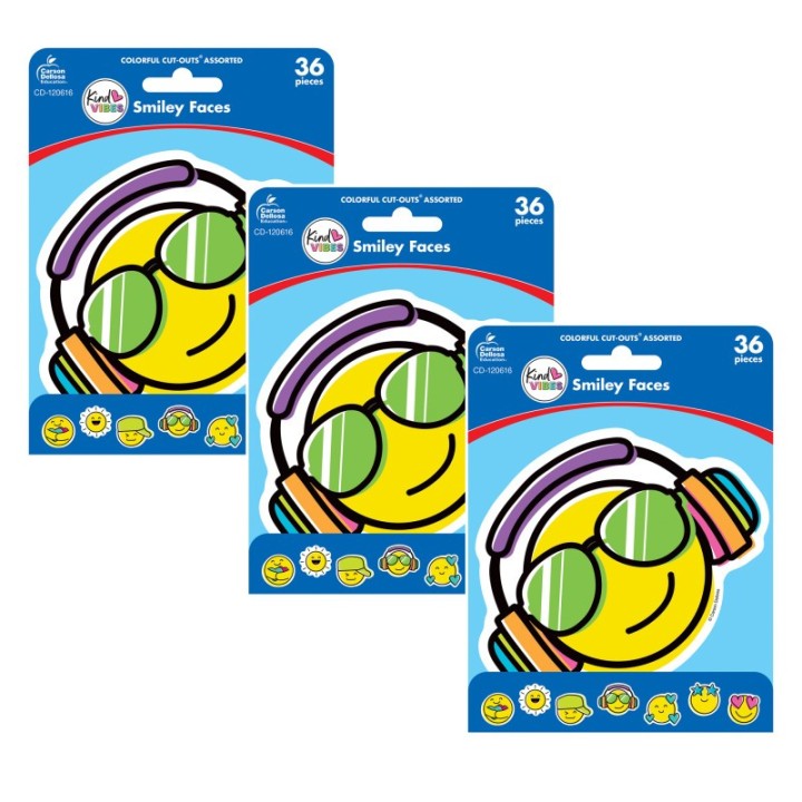 Carson Dellosa Education Kind Vibes Smiley Faces Cut-Outs, 36 Per Pack, 3 Packs