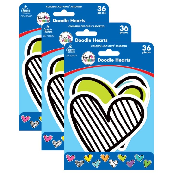 Carson Dellosa Education Kind Vibes Doodle Hearts Cut-Outs, 36 Per Pack, 3 Packs