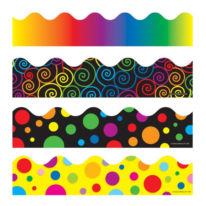 Carson Dellosa Education Scalloped Variety Border Set IV: Rainbow, Colorful Dots, Big Rainbow Dots, and Rainbow Swirls