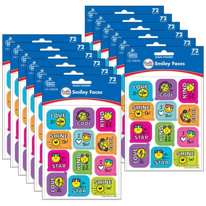 Carson Dellosa Education Kind Vibes Smiley Faces Shape Stickers, 72 Per Pack, 12 Packs