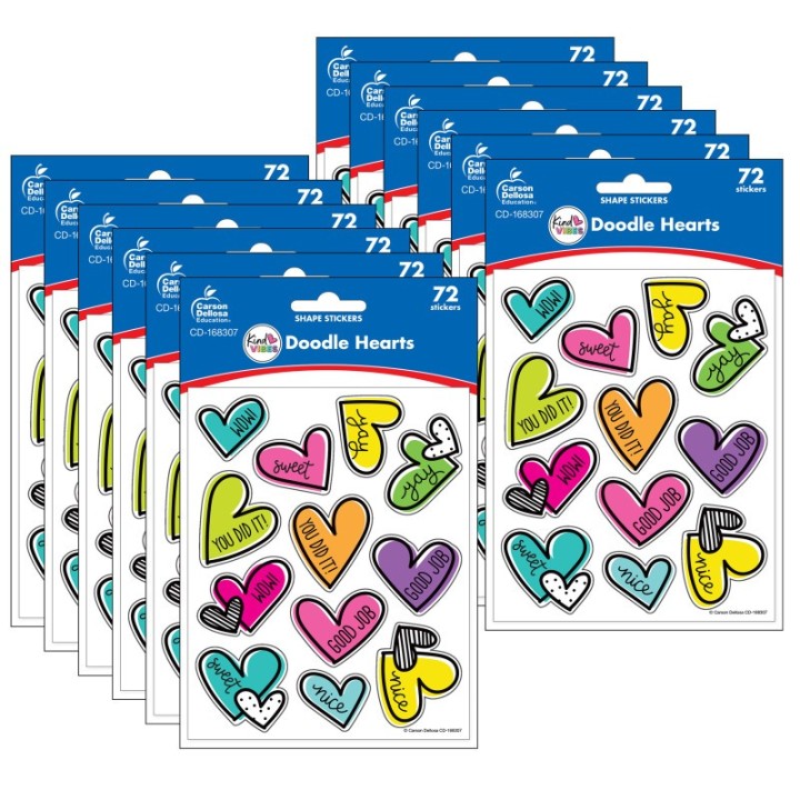 Carson Dellosa Education Kind Vibes Doodle Hearts Shape Stickers, 72 Per Pack, 12 Packs