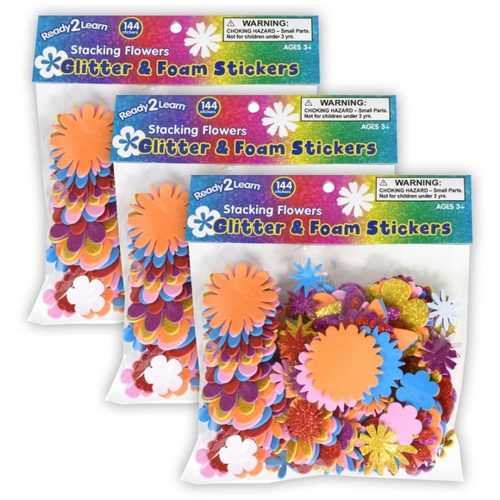 READY 2 LEARN™ Glitter and Foam Stickers - Stacking Flowers - 144 Per Pack - 3 Packs