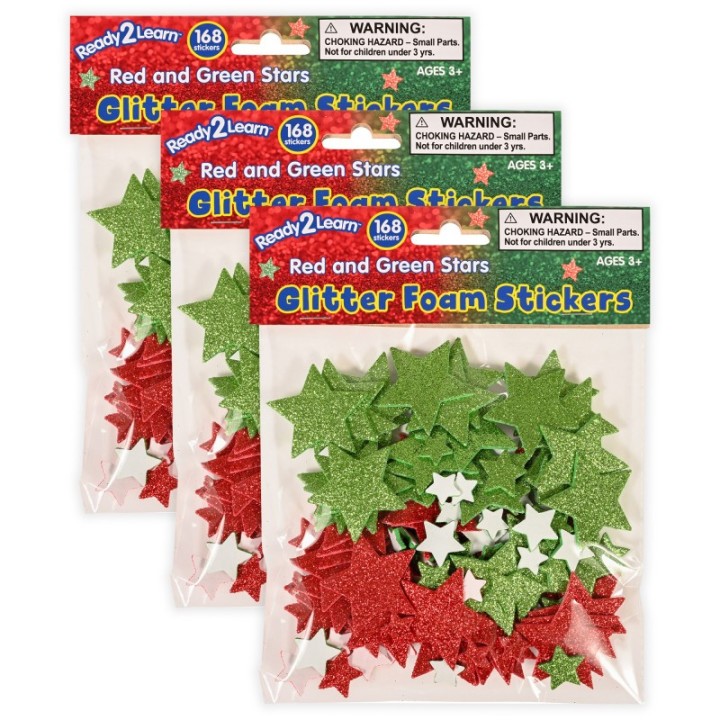 READY 2 LEARN™ Glitter Foam Stickers, Stars, Red and Green, 168 Pieces Per Pack, 3 Packs