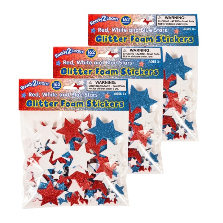READY 2 LEARN™ Glitter Foam Stickers, Stars, Red White and Blue, 162 Pieces Per Pack, 3 Packs