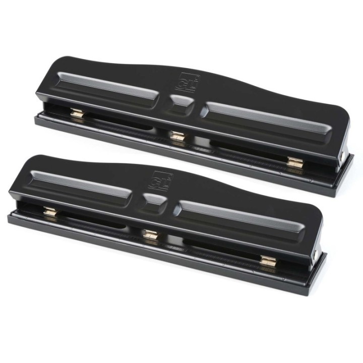Charles Leonard 3-Hole Paper Punch, Adjustable Holes, 12 Sheet Capacity, Black, Pack of 2