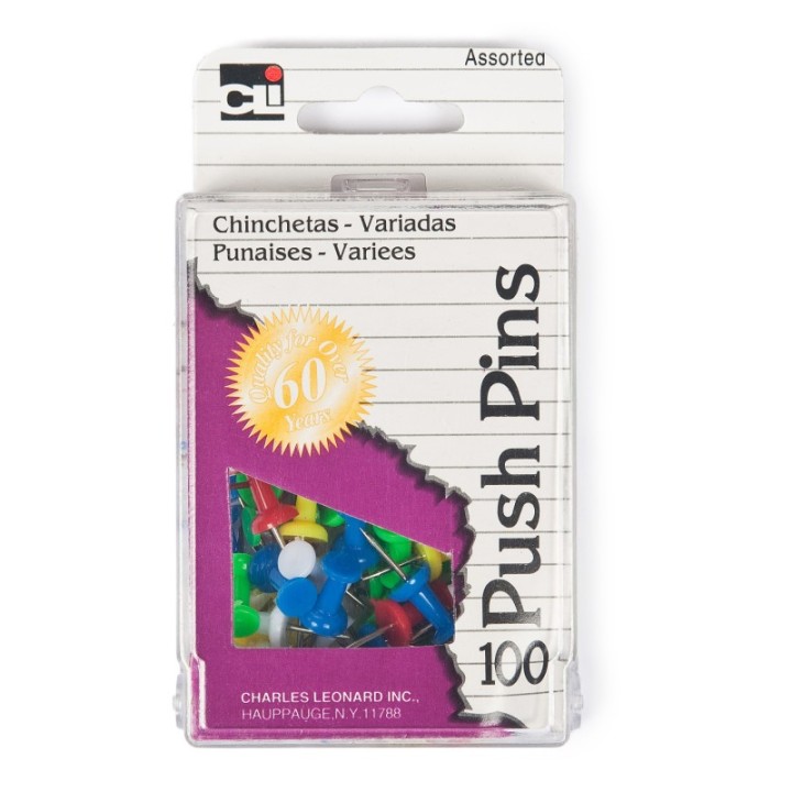 Charles Leonard Push Pins, Assorted Colors, Box of 100