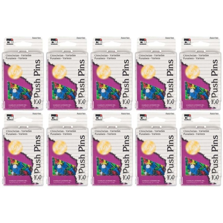 Charles Leonard Push Pins, Assorted Colors, 100 Per Box, 10 Boxes