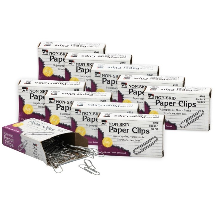 Charles Leonard Paper Clips, Non-Skid, Size #1, Silver, 100 Per Pack, 10 Packs