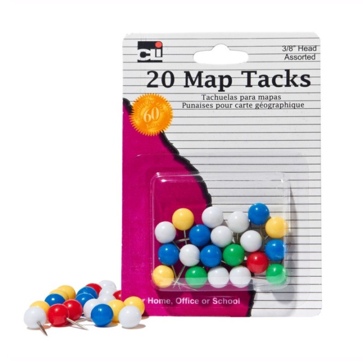 Charles Leonard Map Tacks, 3/8" Head, Assorted Colors, Pack of 20