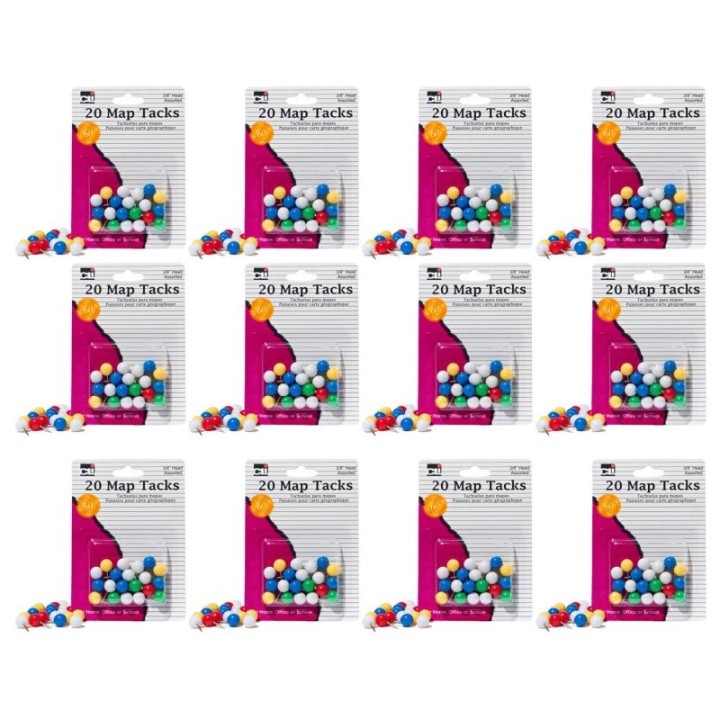 Charles Leonard Map Tacks, 3/8 Inch Head, Assorted Colors, 20 Per Pack, 12 Packs