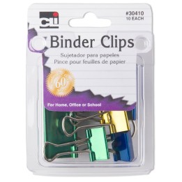 Charles Leonard Binder Clips, Assorted Sizes in Metallic Colors, Pack of 10