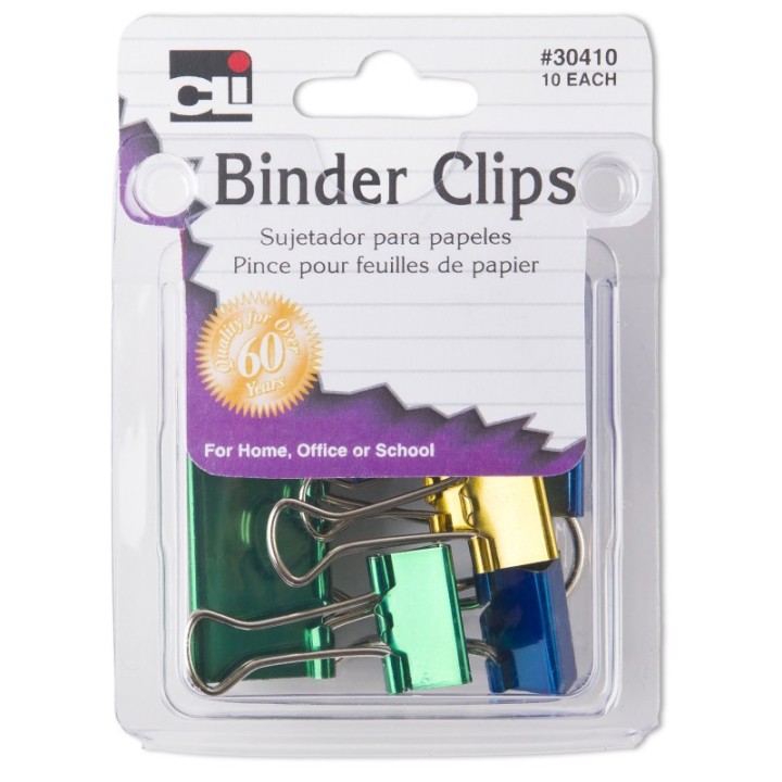 Charles Leonard Binder Clips, Assorted Sizes in Metallic Colors, Pack of 10