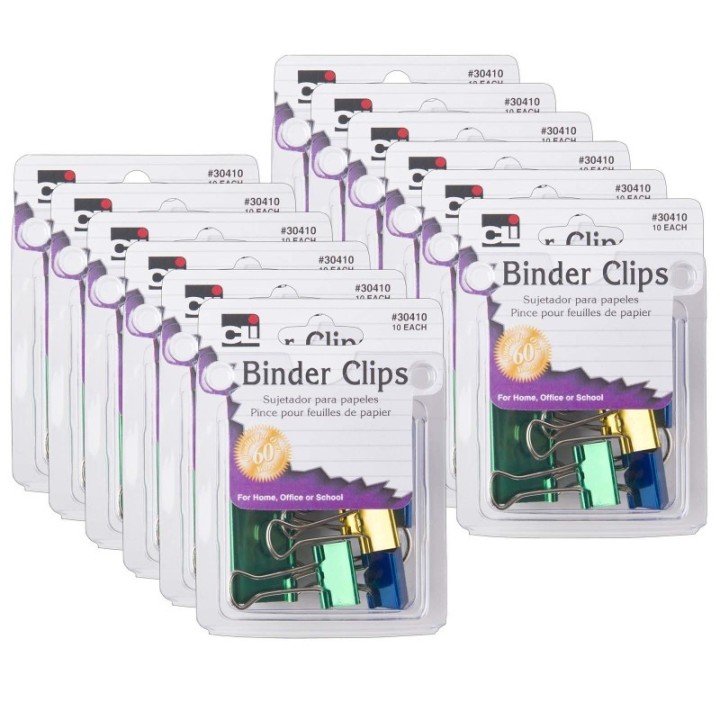 Charles Leonard Assorted Binder Clips, 10 Per Pack, 12 Packs