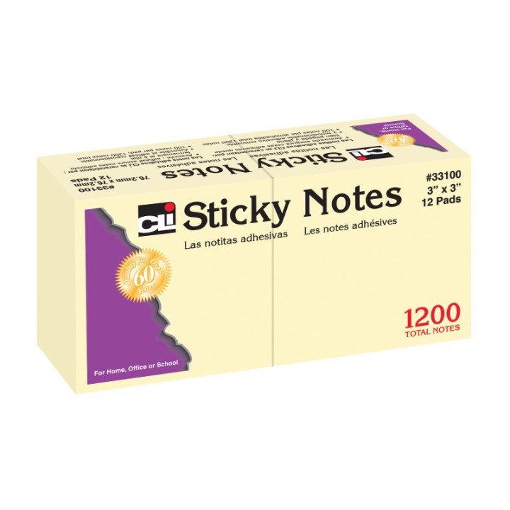 Charles Leonard Sticky Notes, 3 x 3 Inch, 100 Sheets/Pad, Yellow, 12 Pads