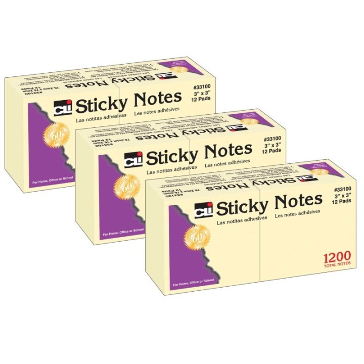 Charles Leonard Sticky Notes, 3 x 3 Inch, 100 Sheets/Pad, Yellow, 12 Pads Per Pack, 3 Packs