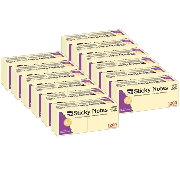 Charles Leonard Sticky Notes, 1 1/2" x 2", Plain, 100 Sheets/Pad, 12 Pads/Pack, 12 Packs