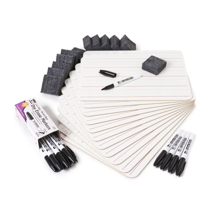 Charles Leonard Dry Erase Classpack, Plain/Primary Lined 2-Sided Boards, Markers & Erasers, Pack of 12