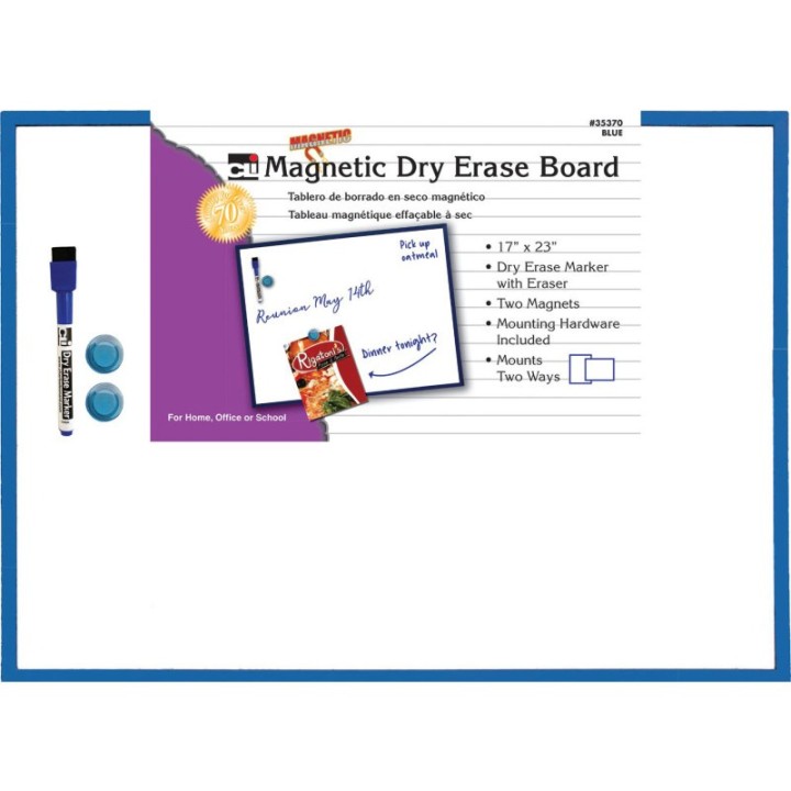 Charles Leonard Magnetic Dry Erase Board, 17" x 23", w/Eraser/Marker and 2 Magnets, Blue Frame, 1 Each