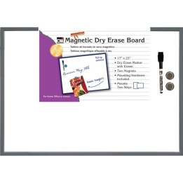 Charles Leonard Magnetic Dry Erase Board, 17" x 23", w/Eraser/Marker and 2 Magnets, Gray Frame, 1 Each