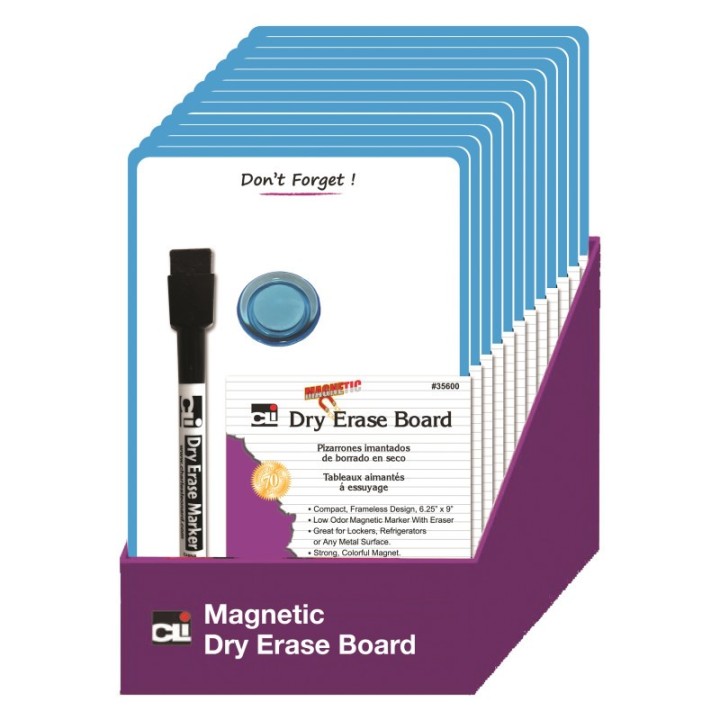 Charles Leonard Magnetic Mini Dry Erase Boards, 6-1/4" x 9", Marker w/Eraser and 1 Magnet, Blue Frame, Pack of 12