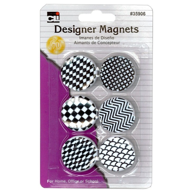 Charles Leonard Designer Button Style Magnets, Assorted Designs, Black/White, Pack of 6